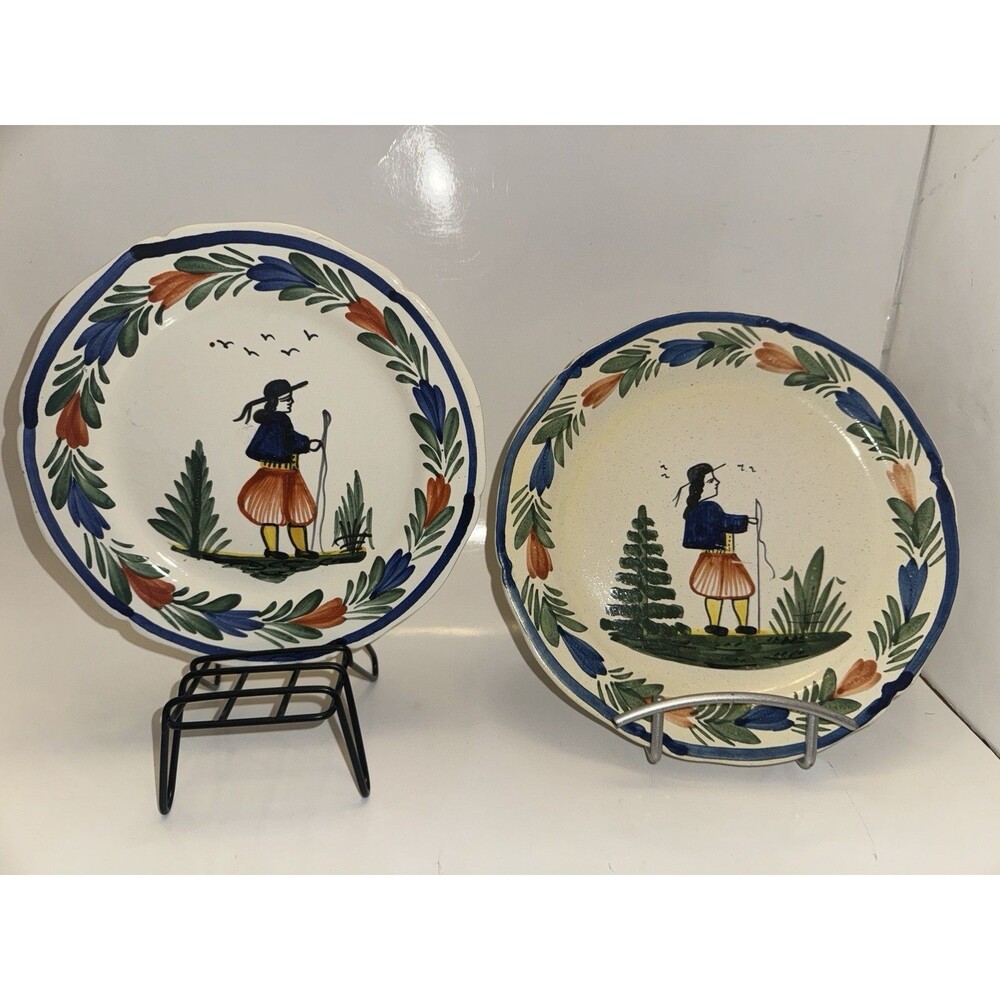 Signed Plate HB Quimper Breton Decor Folk Art 8” 9” Lot France Peasant 162 Man